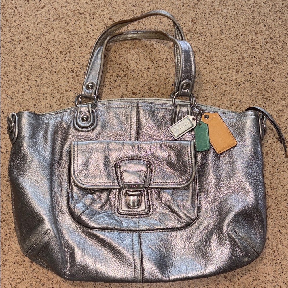 COACH Poppy Leather Rocker Tote Silver 18997